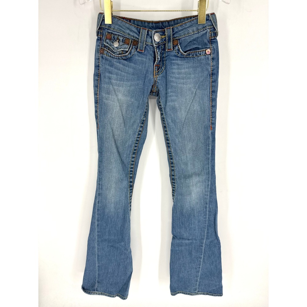 True Religion Joey Big T Blue Denim Low Rise Bootcut Twisted Seam Jeans Size 25